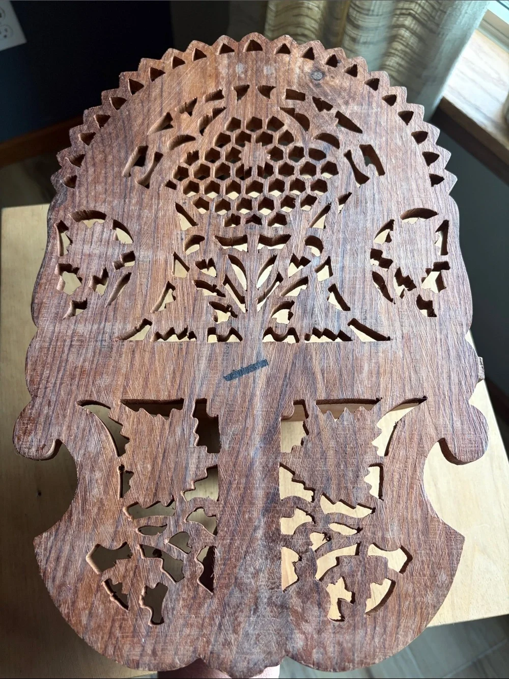 Hand-Carved Brown Wooden Wall Shelf